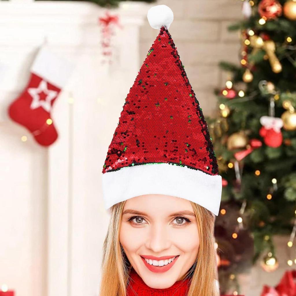 Red Green Flip Sequin Fancy Merry Christmas Hat | Santa Claus Cap for Kids Babies Adults | Free Size XMAS Cap Santa Claus Hat