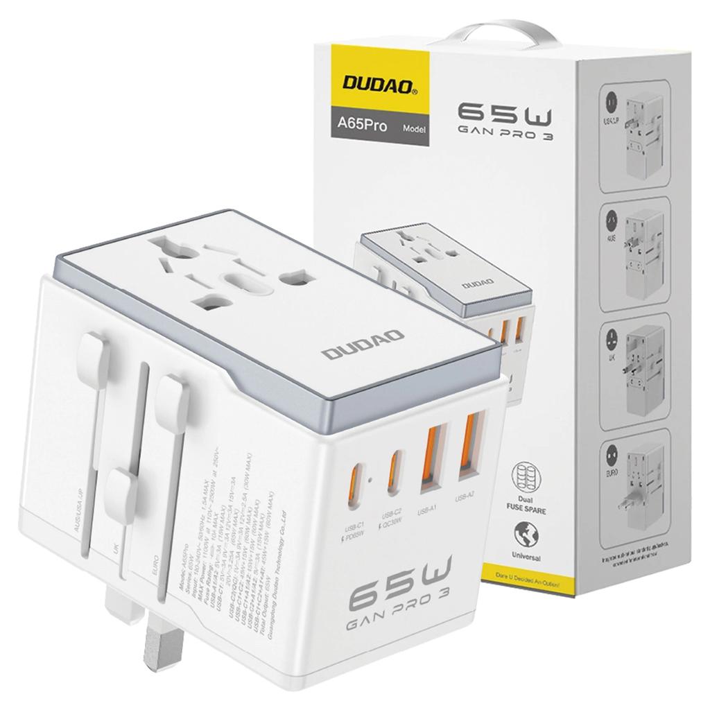 Adapter Podróżny Dudao A65Pro 65W Eu / Us / Jp / Aus / Uk 2X Usb-C 2X Usb-A - Biały
