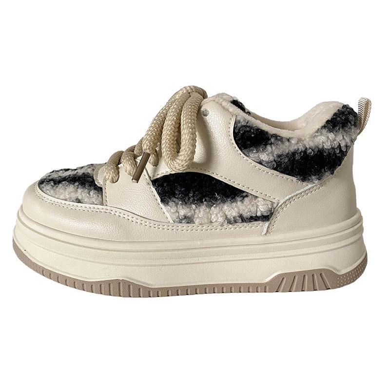 

B1625 овечья шерсть, средний верх, толстая подошва, женские зимние теплые туфли с круглым носком, бархатные, 2025, новые туфли из хлопка 35 бежевый