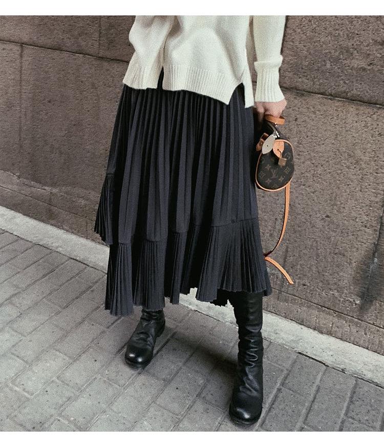 Autumn/Winter 2025 Women's High-Waisted Black Fishtail Pleated Mid-Length Skirt with Irregular Hem