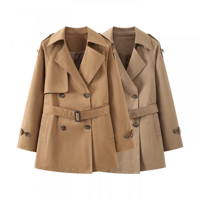 Womens Commuter Style V-Neck Slim Fit Mid-Length Trench Coat Solid Color Double-Breasted Long Sleeve