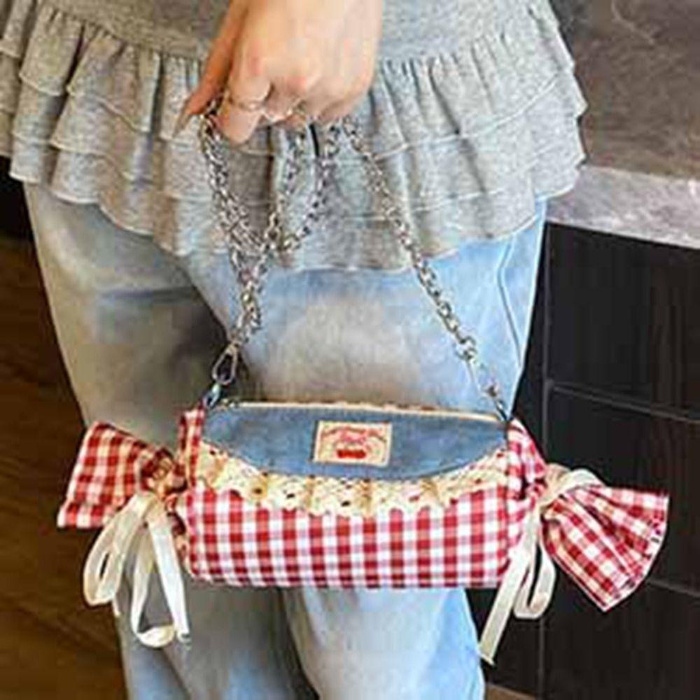 Metal Chain Candy Shape Bag Cherry Denim Lace Shoulder Bag Sweet Red Plaid Crossbody Bag  Travel