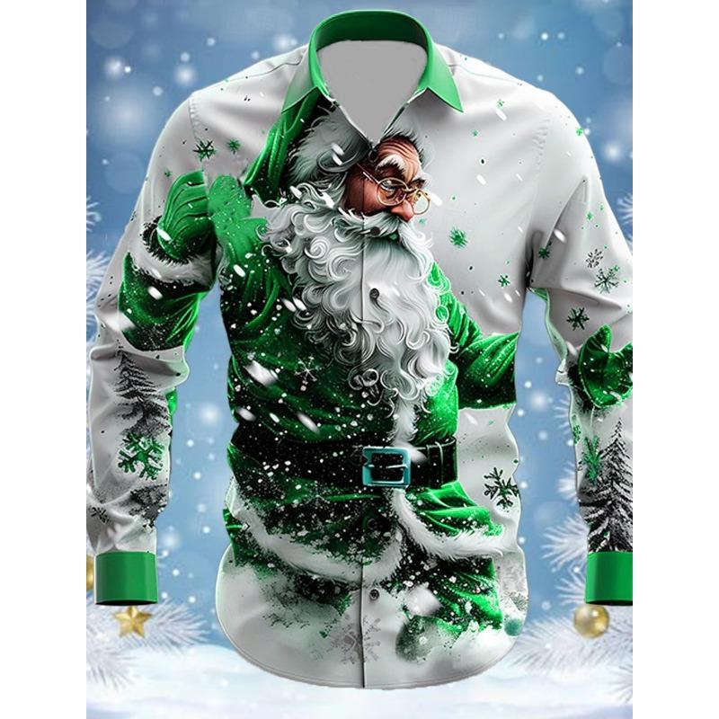Christmas Theme Fashion Men's Casual Long Sleeve Shirt Breathable Tops Santa Claus Themed Stylish Pattern Full Sleeve Shirts