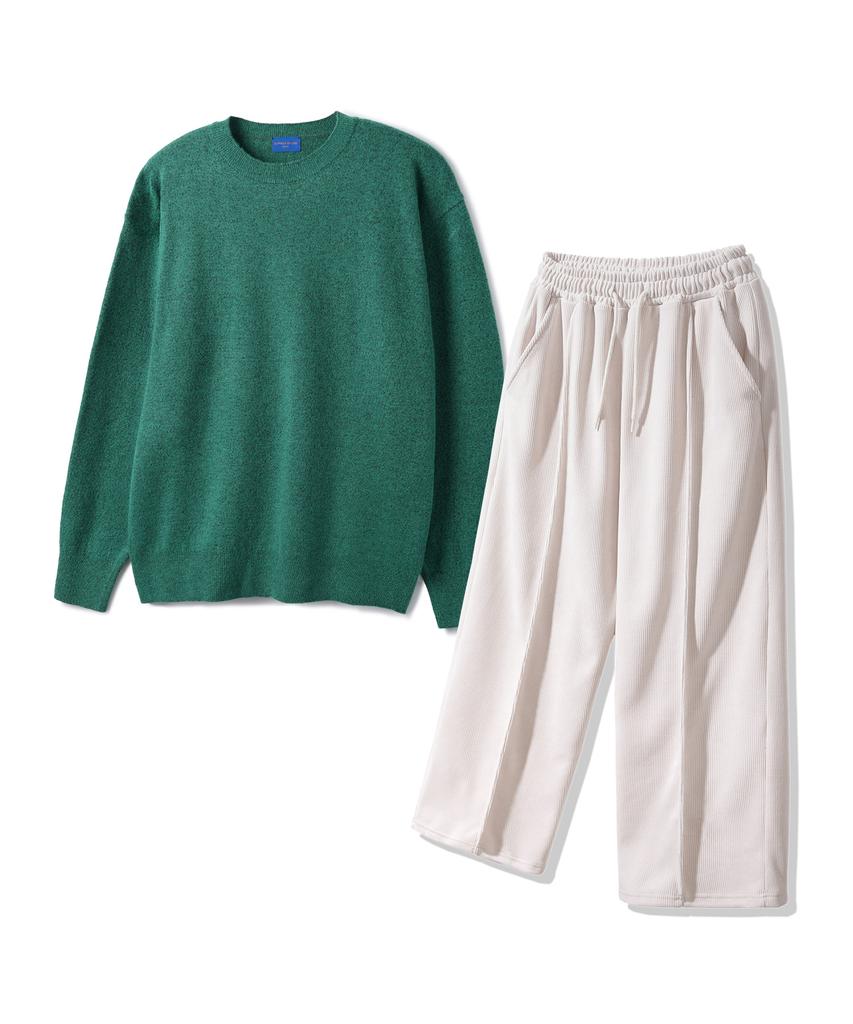 ALVINCLO [Set] Basic Round Knit Pintuck Wide Elastic Pants Set