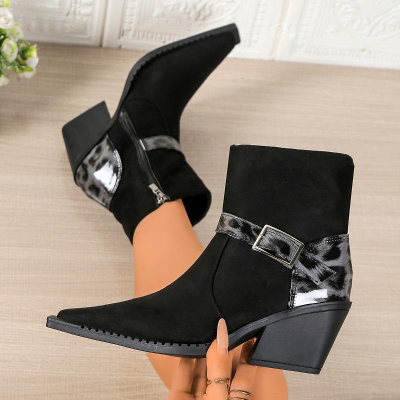 Chunky-heeled Fashion Boots2025Spring and Autumn New Style Leopard Print Belt Buckle Decorated Mid-heeled Mid-calf Women's Boots