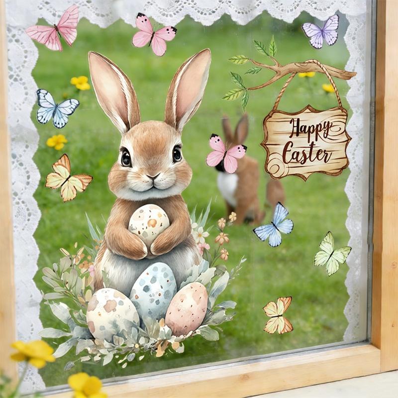 

Large Easter Static Window Cling, Bunny Chick Egg Butterfly Spring Decals For Glass Door & Mirror, No Glue Residue-Free Decor ONESIZE