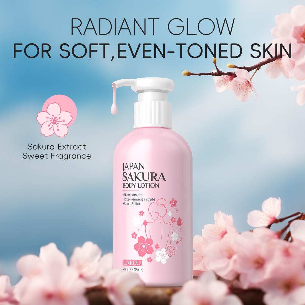 Loción Corporal Radiante Sakura - Hidratante y Crema con Vitamina C y Manteca de Karité, Hidratación Refrescante No Grasosa para Piel Seca y Agrietada, Loción para el Cuidado de la Piel