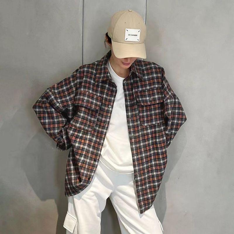 

Fashion Plaid Shirt Coat Loose Pockets Polo Collar Top Single Brewed Plaid Shirt Dark gray S