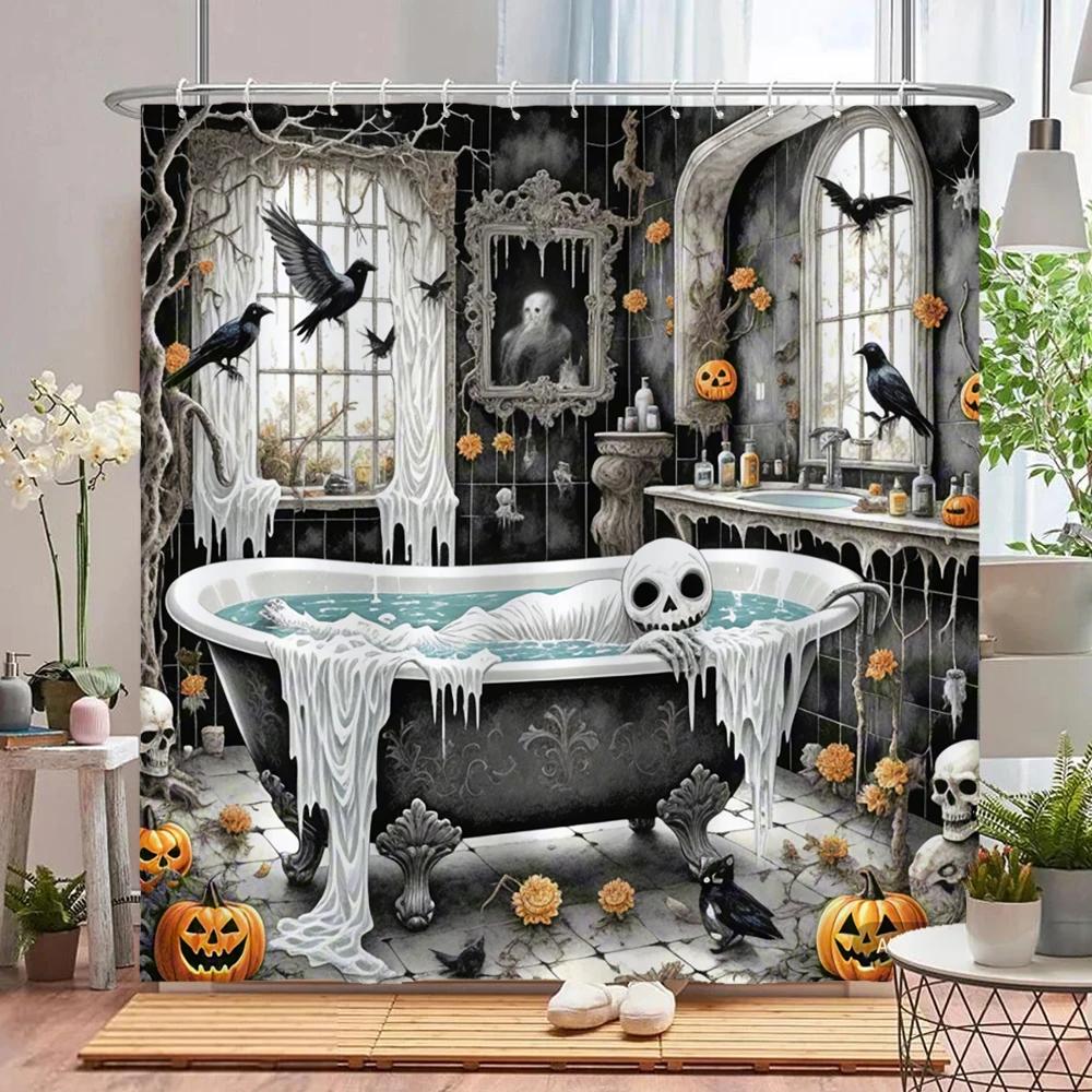 Lustiger Halloween-Duschvorhang Wasserdichter Badezimmer-Vorhang Schrecklicher Verrückter Skelett, Geist, Dunkler Stil Heim-Dekorationsvorhang