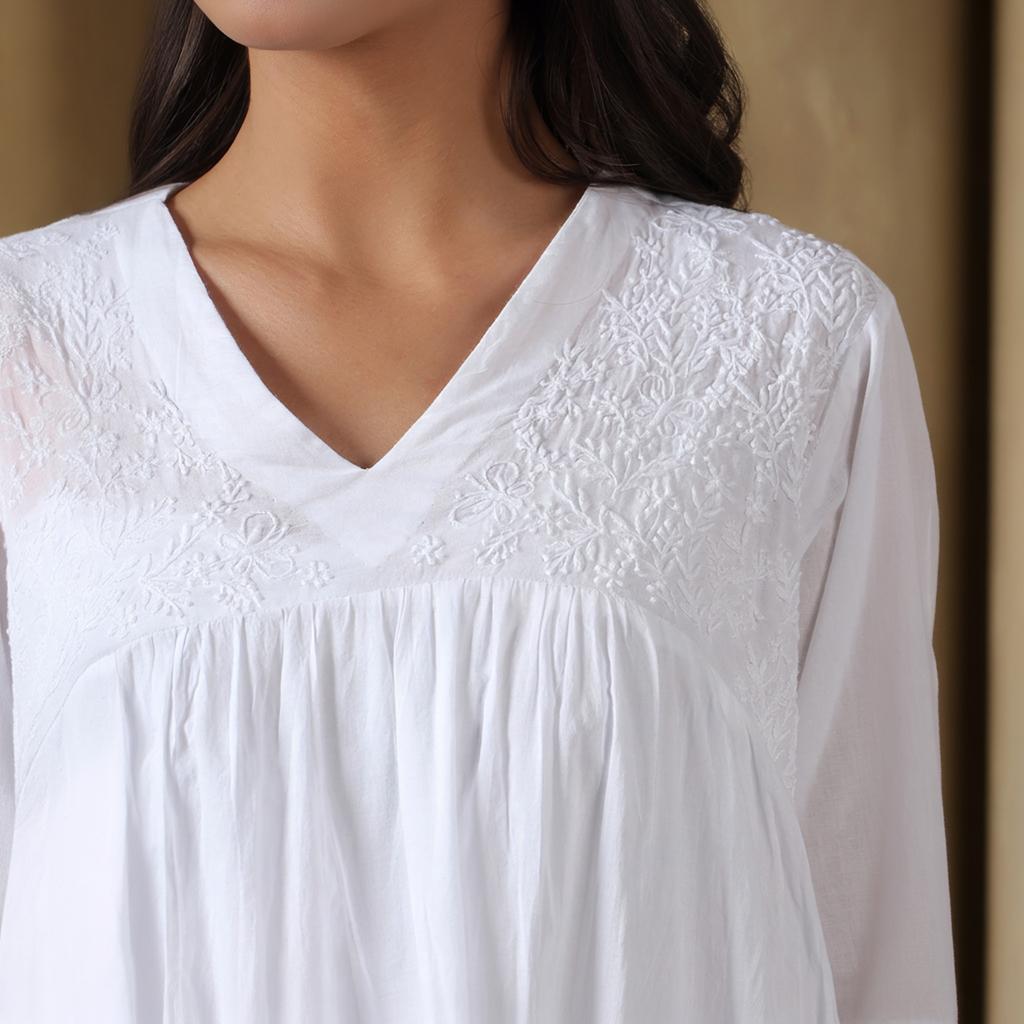 White Cotton Chikankari Lucknowi Kurta-Pant Set