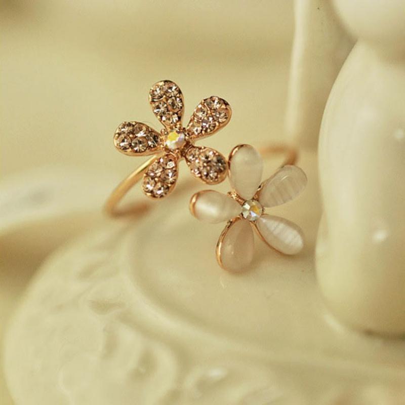 Cincin Pembukaan Opal Bunga, Boleh Laras, Untuk Wanita, Rekaan Daisy Kecil, Set 2 Keping