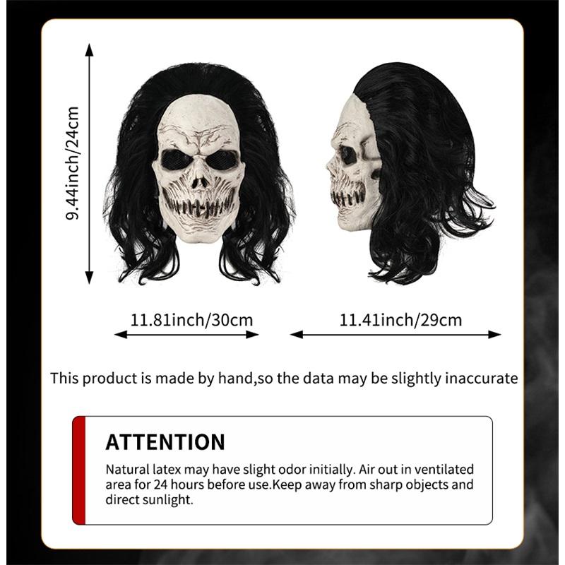 Black Long-Haired Skull Mask, Perfect for Holiday Parties, Halloween Pranks, Masquerade Balls, and Carnival Parties, Made of Latex