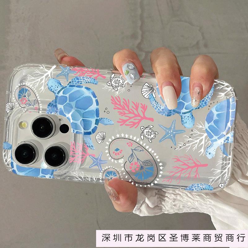 Blue turtle is suitable for Apple 16promax mobile phone case iPhone15Plus airbag 14 transparent 13 Europe and America