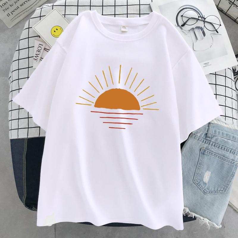 Sunset On The Coastline Printed Women T-Shirts Street Cotton Kawaii Short Sleeve Fashion Oversized Tops Loose Sports T Shirt