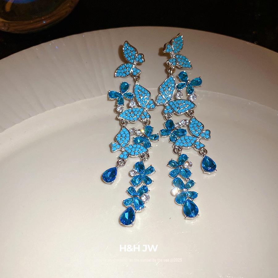 Silver Needle Diamond Butterfly Tassel Earrings Step into ins Fashion Temperament Earrings Light Luxury Premium Earrings Women