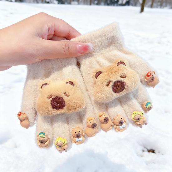 Winter Children Plush Capybara Gloves 3D Capybara Doll Gloves Soft Warm Five Finger Gloves for Cold Weather Outdoors