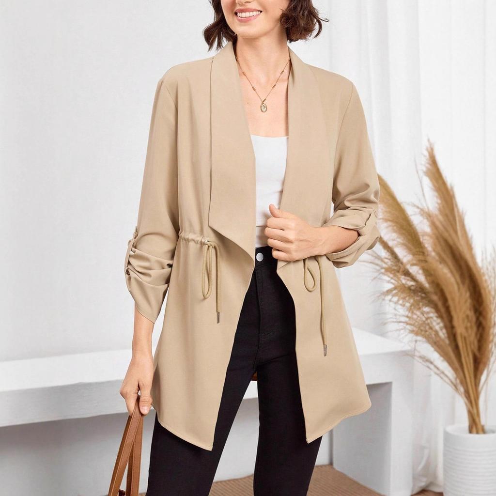 Damen Herbst- und Wintermode Lockerer einfarbiger mittellanger Trenchcoat mit hochgekrempelten Ärmeln