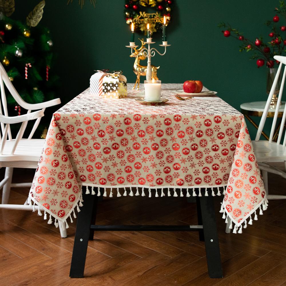 Amazon Christmas Holiday Tablecloth Bronzing Printing Fabric Cotton And Linen Dining Table Cover Hotel Dust Table Cloth