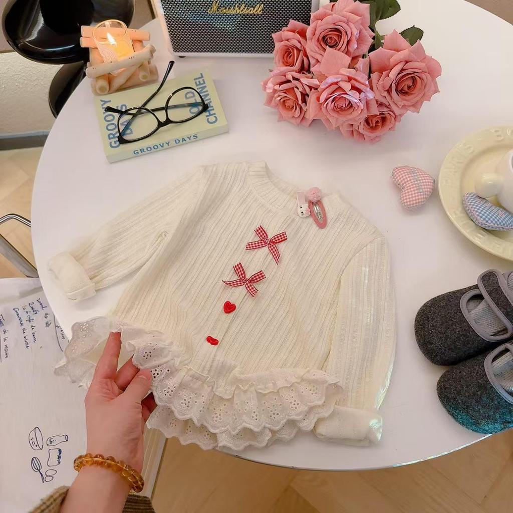 Flicktopp i spets med rosett, elegant, långärmad, för vår