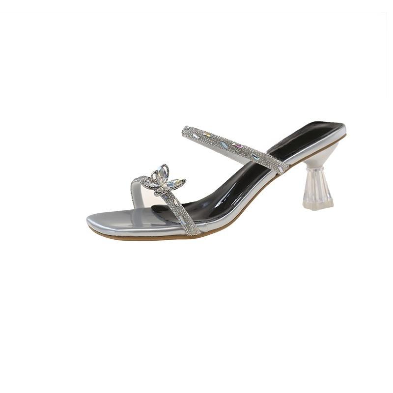 Small Square Heel Sandals Summer New Square Head Crystal Butterfly Knot Set Foot Non-slip High Heel Flip-flops