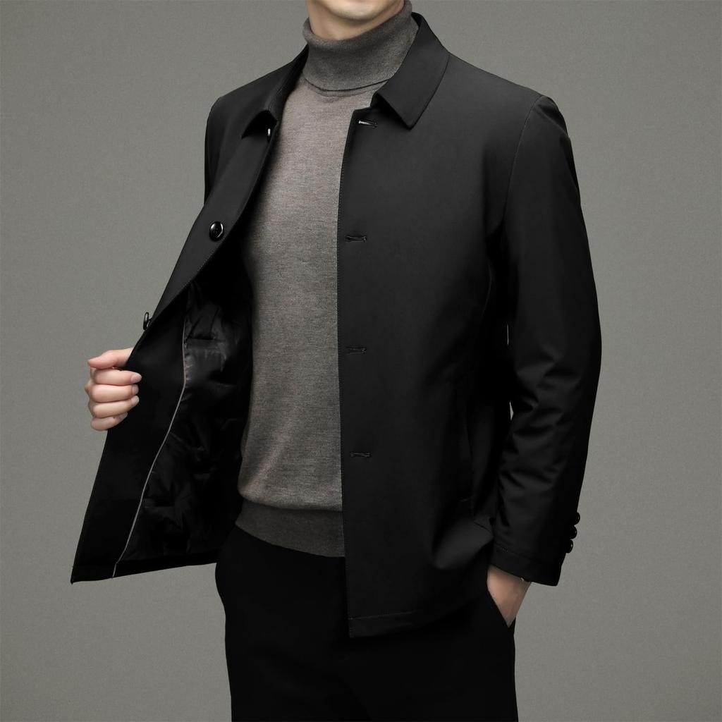 FJSSLHXK Collared Down Business Single Suitable for Senior Men's Jacket, Outerwear, Fold-Over Collar, Button, Men, Commuting, Autumn/Winter, Black,