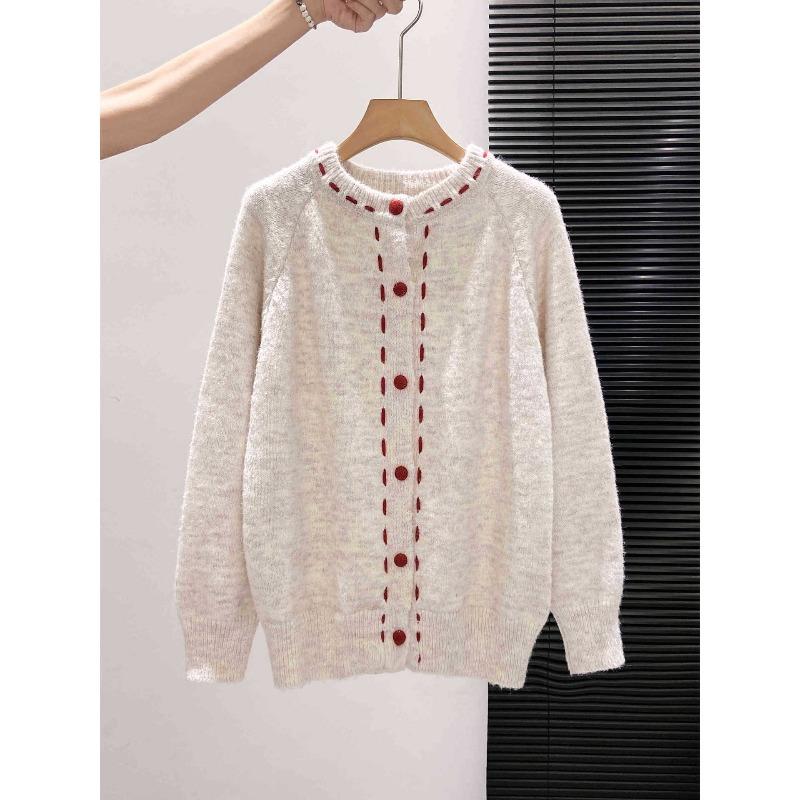 Playful age-reducing red dotted line single-breasted top cardigan women's autumn and winter thickened loose soft waxy knitted sweater jacket