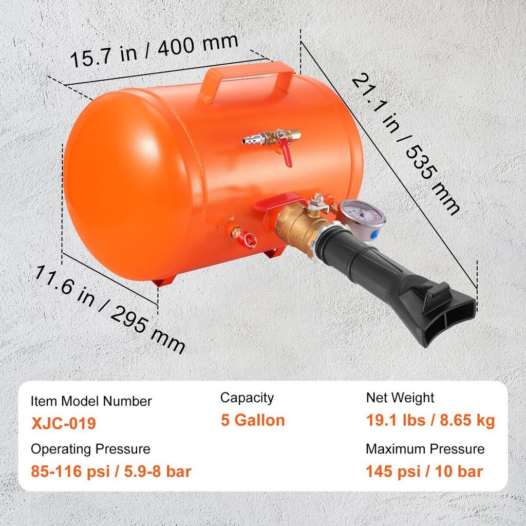 Tire Bead Blaster, 5 Gallon/19L Capacity, Includes Pressure Gauge & Handle, 145 PSI Max Inflation Tank, Operates Between 85-116 PSI for Cars, Trucks,