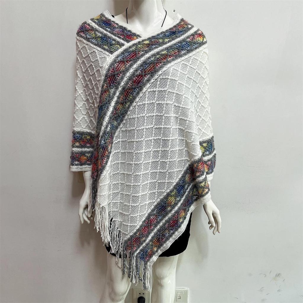 2022 Autumn/Winter Women's V-Neck Rainbow Tassel Cape Sweater