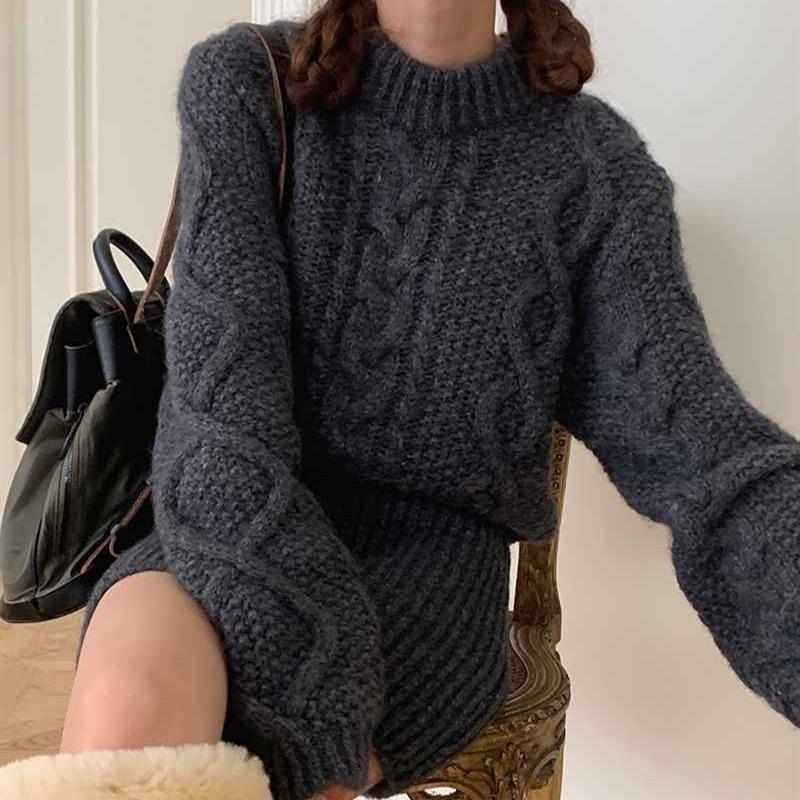 Herbst Winter Twist Elegant Damen Strickpullover Kleid Retro Lässig Locker Langarm Rundhals Pullover Kurze Kleider Büro Neue Slim Fit Kleidung