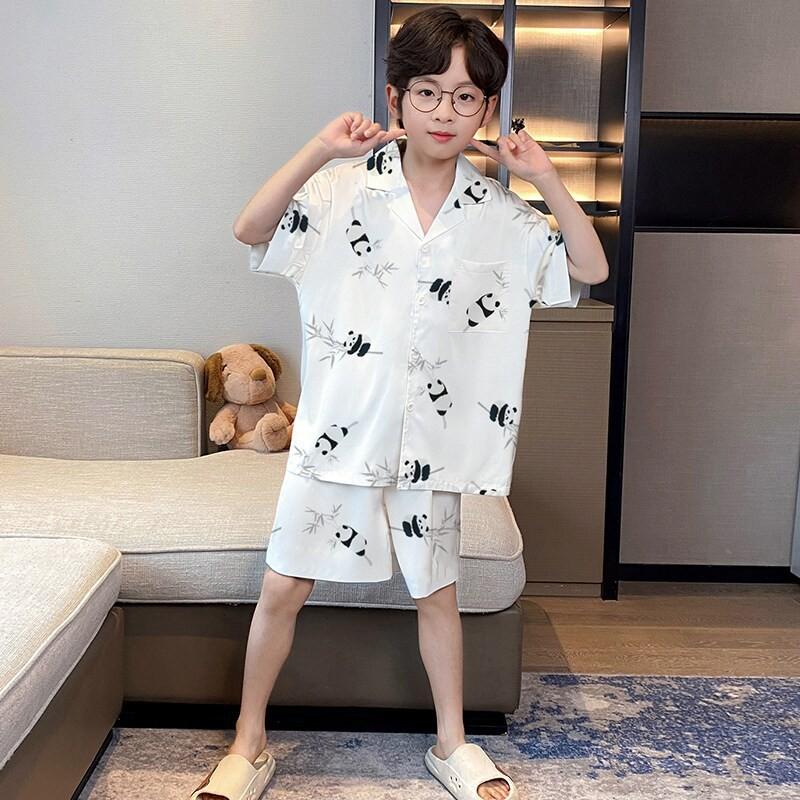 Boys Ice Silk Pajama Set Short Sleeve Sleepwear Kids Teens 8 Years Lightweight Breathable Home Wear