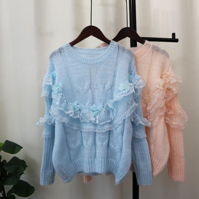 Heavy Industry Bead Splicing Mesh Flower Sweater Pullover Autumn and Winter New Sweet Loose Knitted Sweater Top Women