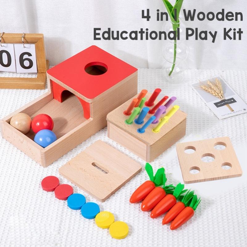 4 In 1 Wooden Play Kit Object Permanence Box Carrot Harvest Shape Color Sorting Stacking Learning Toy For Toddlers