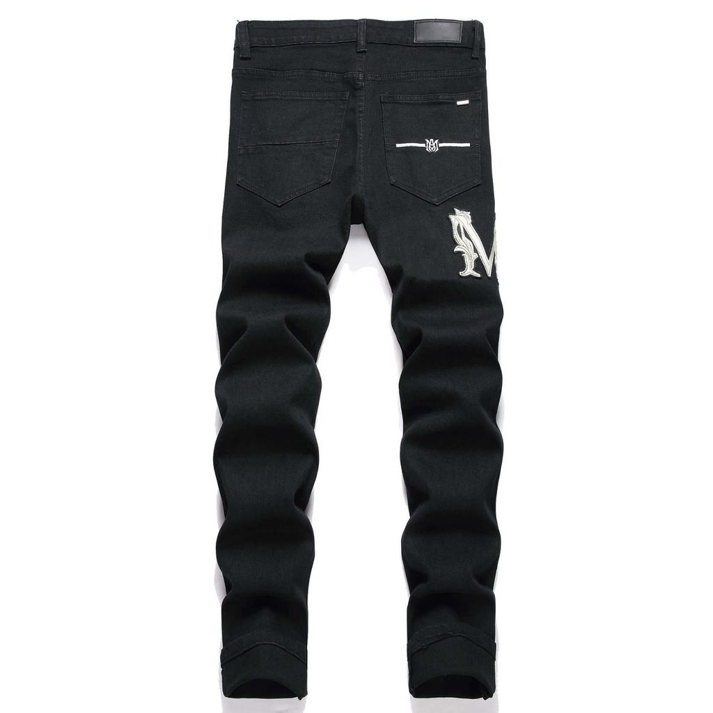 Pantalones vaqueros de moda para jóvenes de Denim Street, con agujeros bordados y elásticos, de pierna pequeña, para hombre