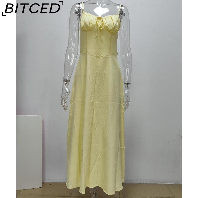 BITCED Women's Elegant Lace-Up A-Line Solid-Colour Midi Dress