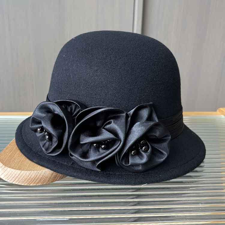 European And American Xiaoxiangfeng Satin Flower Fashion Hat, Small Edge Autumn And Winter Dome Thermal Basin Hat, Women'S Wool Woolen Top Hat