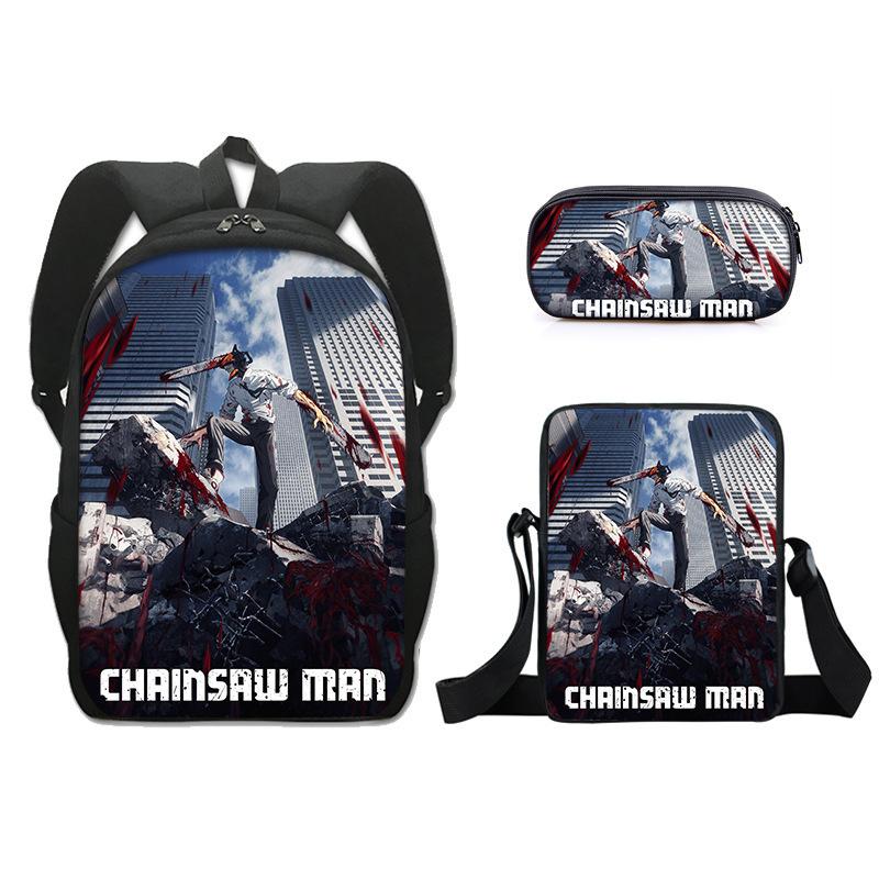 Chainsaw Man Schoolbag Cartoon Backpack Three-Piece Set Polyester Pencil Case Satchel Set pencil bag