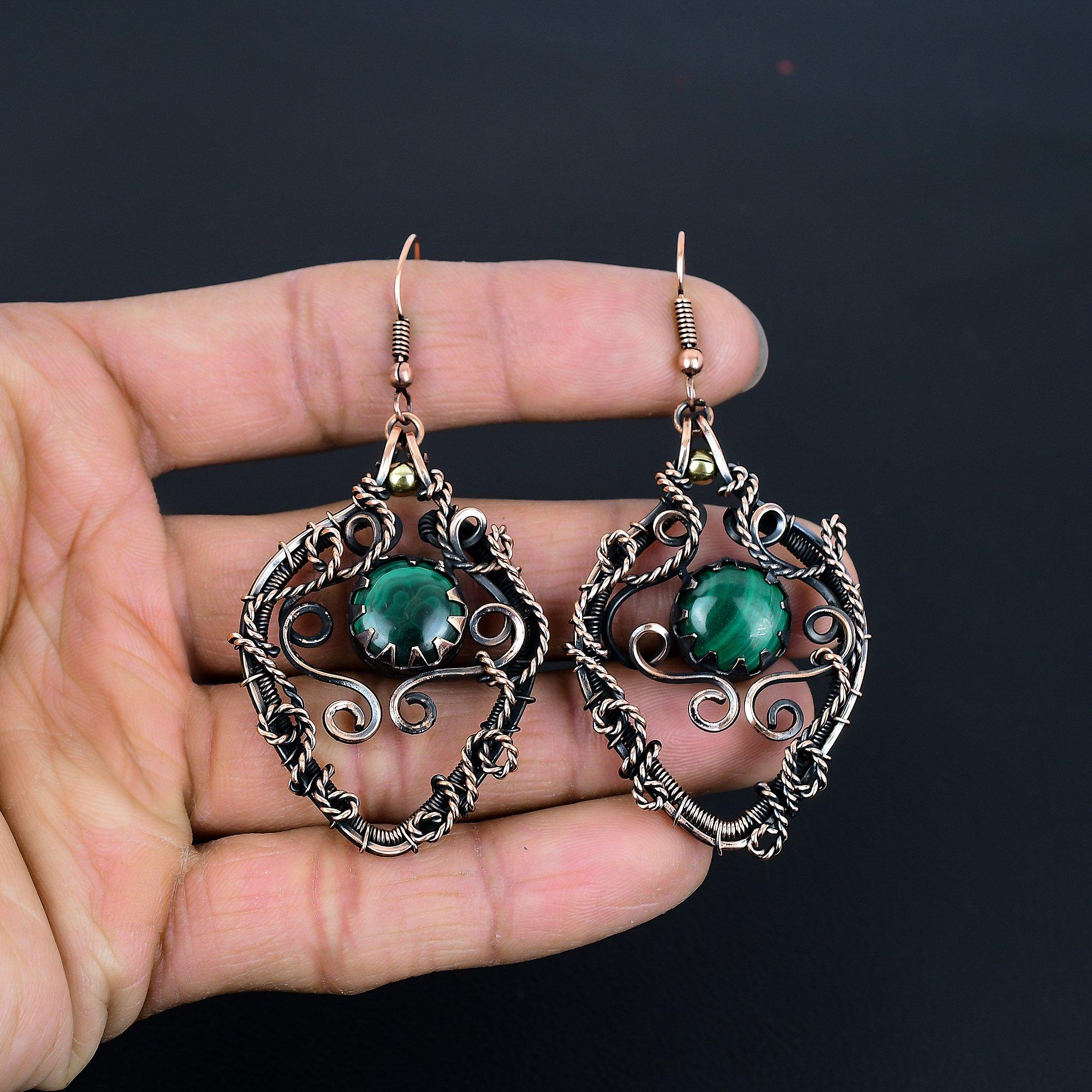 

Серьги из малахита, украшения из меди 999 пробы с проволочной оплеткой, подарок для женщин, серьги ручной работы, украшения с драгоценными камнями 2.28 Inches зелёный