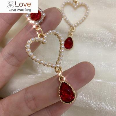 Pendientes con clip en forma de corazón con perlas barrocas retro suaves, temperamento francés, piedra roja en forma de gota de agua, pendientes con clip largos sin perforación