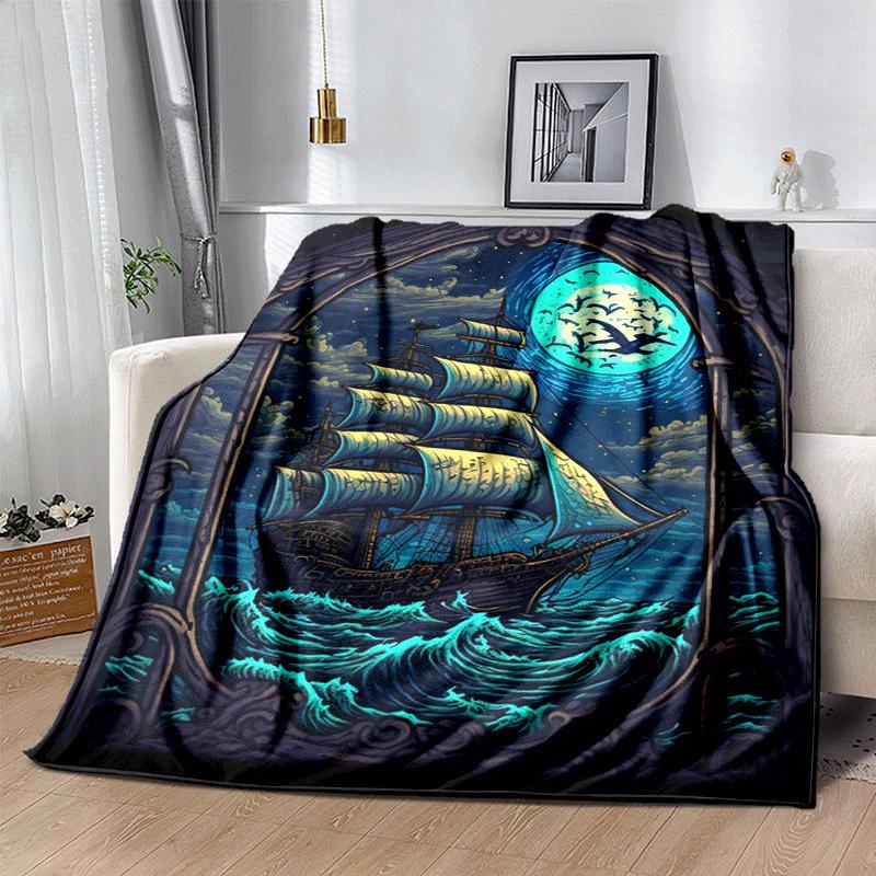 1pc Boat Printing Lightweight Flannel Blanket, Comfortable and Warm Blanket, for Camping Sofa Bed and Couch Office, Suitable for Gift Blanket