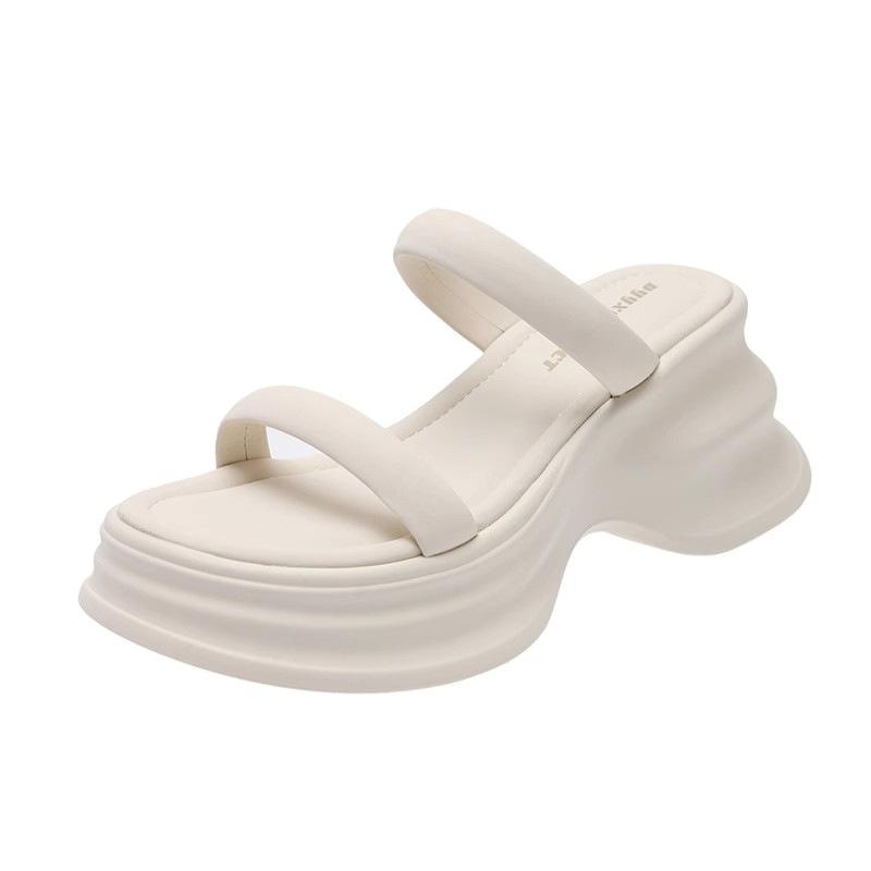 High sense of advanced heightened thick-soled cool slippers women wear small sandals in summer casual beach shoes wedge heel one-word drag