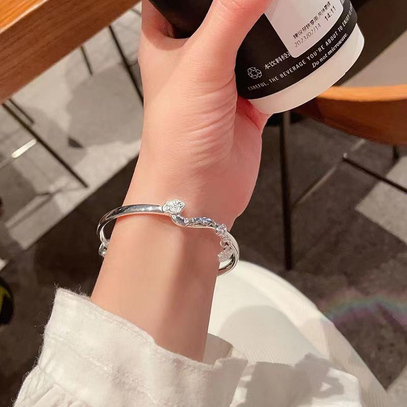Silver 925 Ruyi Buddha Hand Lotus Flower Bracelet for Women Fashion Chinese Style Fu Character Pullable Bangles Wedding Jewelry