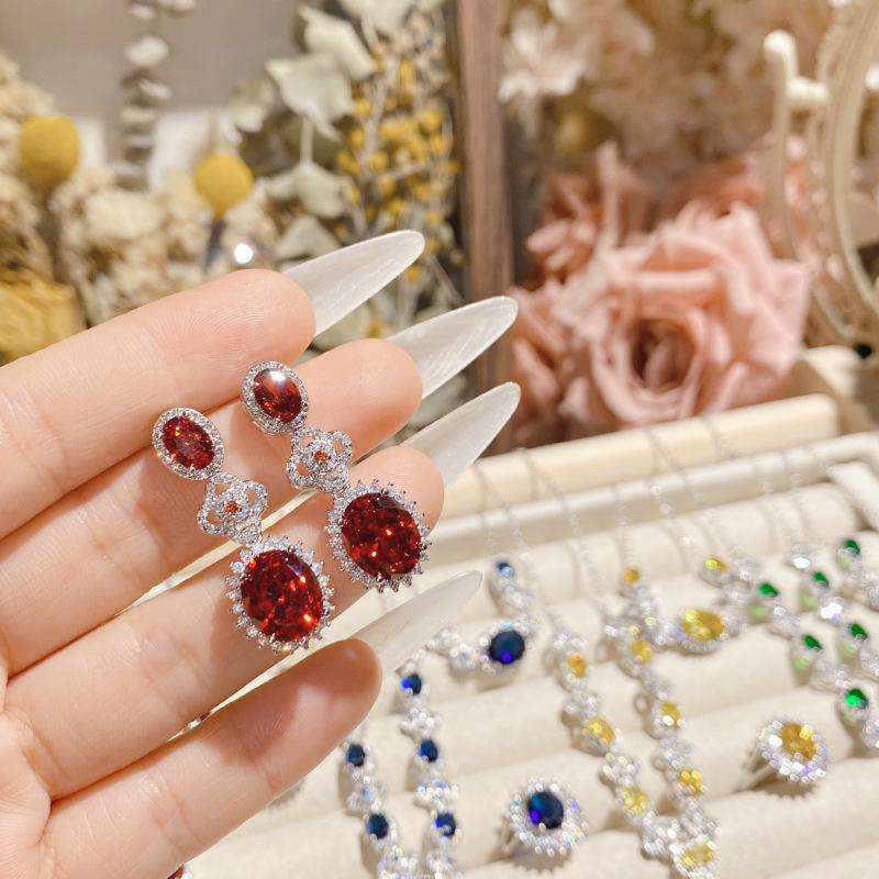 Camellia French Bright Simulation Ruby Bridal Set, 18K Full Diamond Plated Elegant And Noble Earrings Open Ring