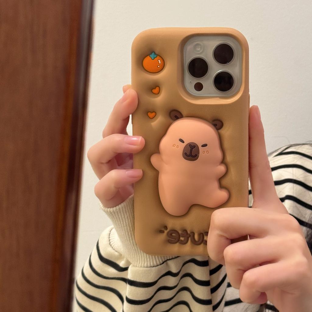 Etui na telefon z miękkiego silikonu, kreskówkowe zwierzątko Kapibara 3D, do iPhone 16 15 14 13 12 Pro Max 16pro, odporne na wstrząsy, z paskiem na nadgarstek