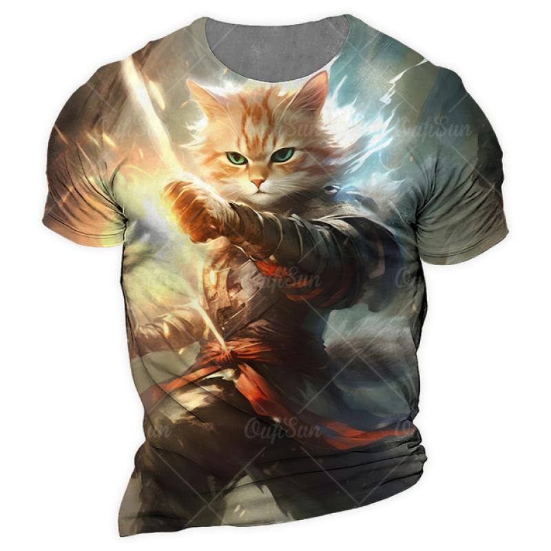 Samurai Cat O-Neck Men's Shirts Summer Male 3d Print Short Sleeve T Shirts Oversized Man Casual Top Tees Daily Animal Clothing