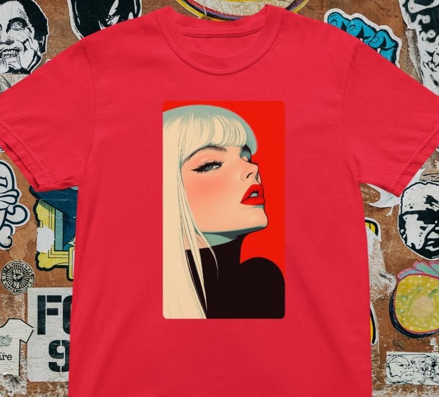 Pop Art Woman T-Shirt – Retro Blonde Girl Graphic Tee Red Background Fashion S