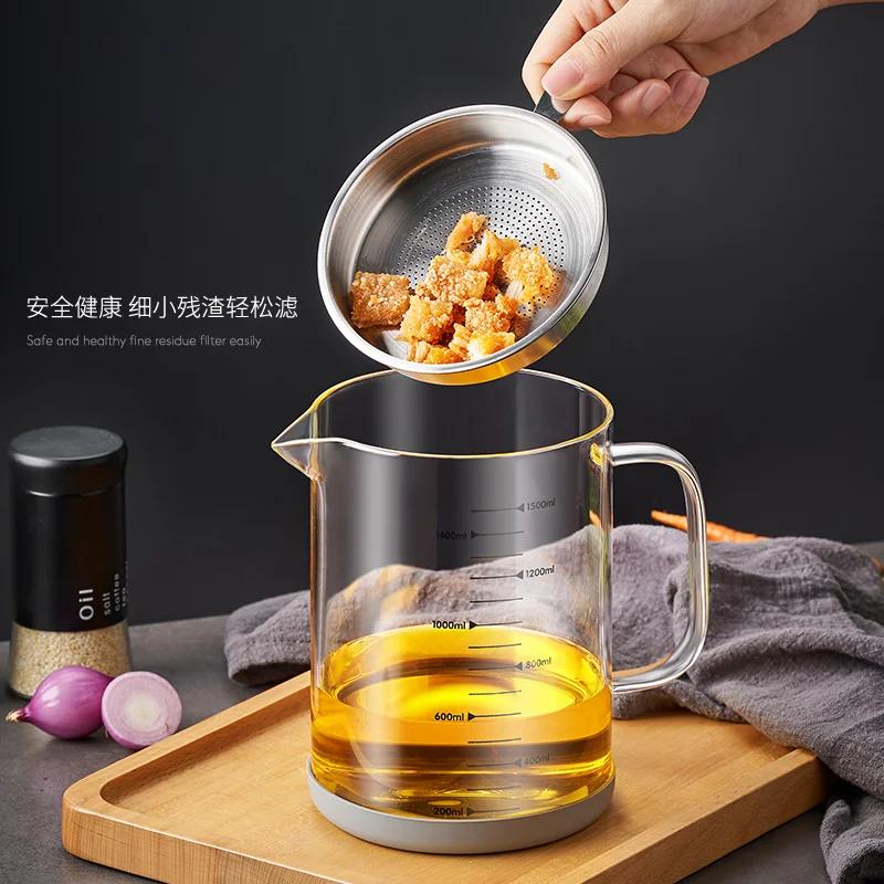 Glass Oil Filter Pot Container with Strainer, Cooking Oil Storage Can with Fine Mesh Filter and Scale, Lid  Kitchen oilcan