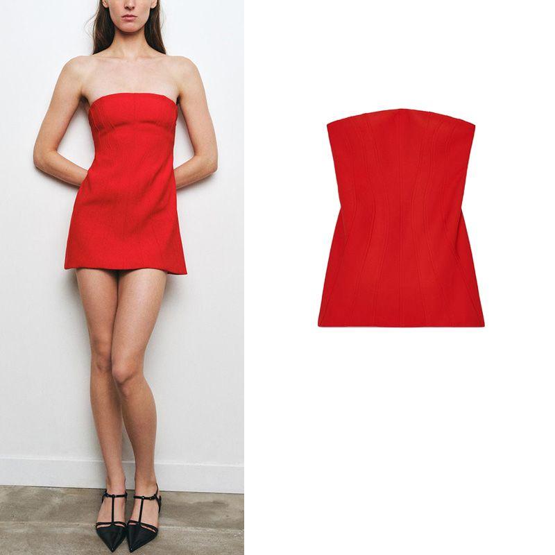 Spring and Summer Women's Clothing European and American Leisure Line Decoration Tube Top Sleeveless Elegant Minimalist Short Dress 1058005