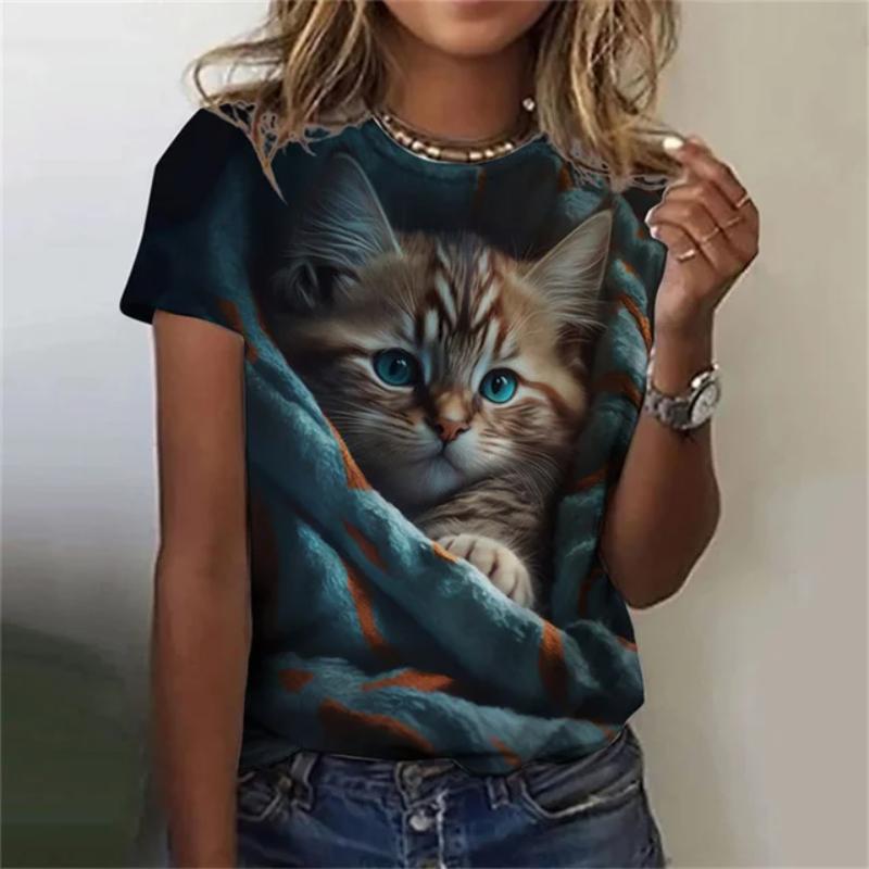 Fashion Women's T-shirt 3D Printed Kawaii Cat Pattern Short Sleeved Round Neck Top Summer Outdoor Casual Street Simple Clothing