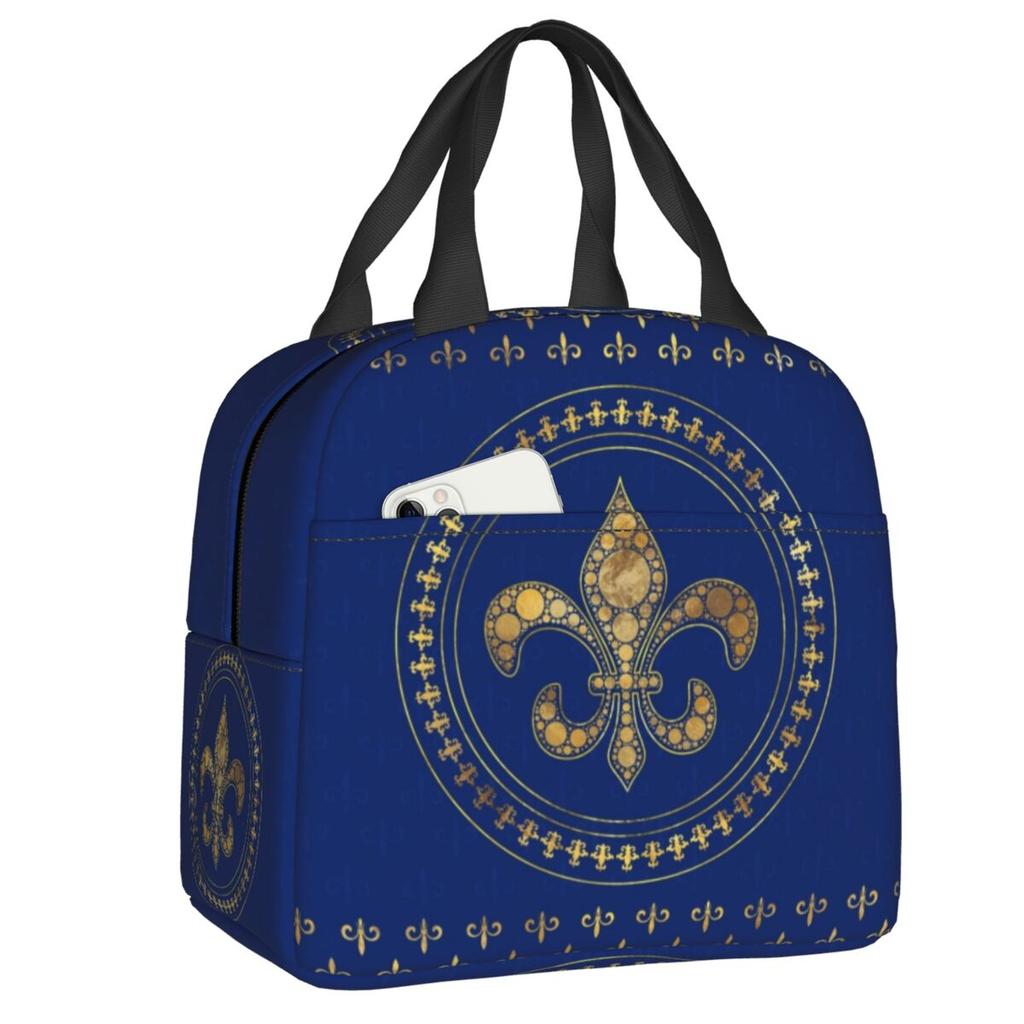 Custom Fleur-De-Lys Gold And Royal Blue Lunch Bag Men Women Cooler Thermal Insulated Lunch Box for Children School