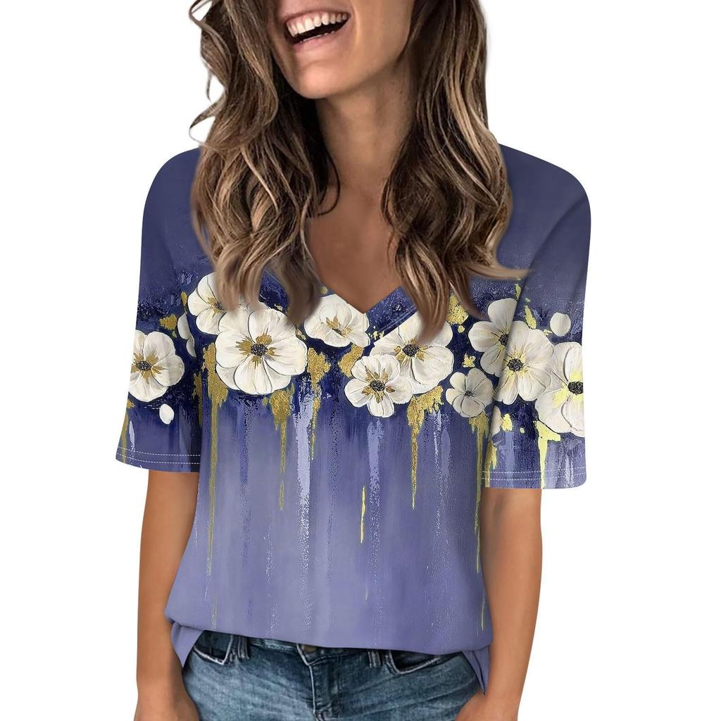 Dámské módní tričko s krátkým rukávem a výstřihem do V s 3D potiskem, letní pohodlné sportovní topy